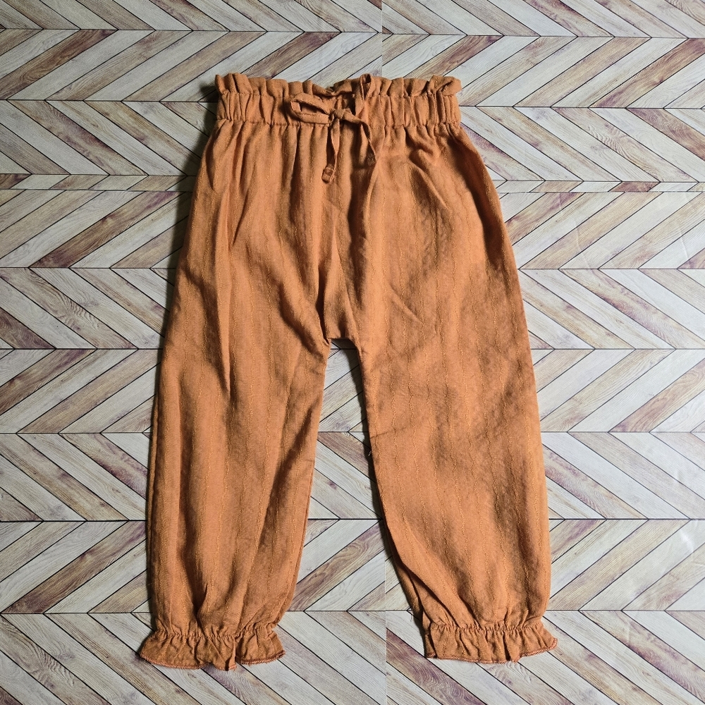 Boho Linen-Blend Paperbag Waist Joggers Ruffle Hem Harem Pant Baby Boy Girl 6-9M